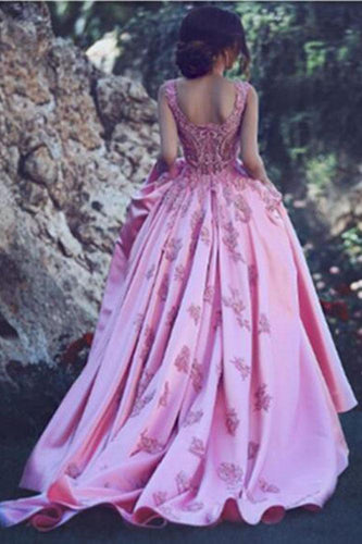 A-Line Luxury Square Appliques Beaded Satin Sweetheart Lace up Pink Quinceanera Dress RS399