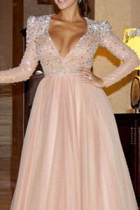 Elegant A Line Long Sleeve Deep V Neck Pink Beads Tulle Long Prom Dresses RS985