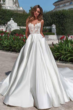 Load image into Gallery viewer, Satin Neckline A-line Open Back Lace Wedding Dress With Pockets Lace Appliques RS497