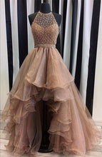 Load image into Gallery viewer, Halter Top Illusion Rhinestone Beaded Hi-Low Tulle Most Popular Long Prom Dresses RS623