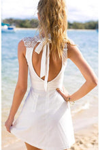 Load image into Gallery viewer, Short Open Back White Appliques Short Stretch Satin Homecoming Dress with Lace RS129