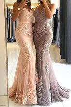 Load image into Gallery viewer, Unique Sweetheart Spaghetti Straps Lace Appliques Mermaid Long Prom Dresses RS115