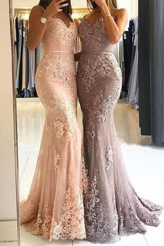 Unique Sweetheart Spaghetti Straps Lace Appliques Mermaid Long Prom Dresses RS115