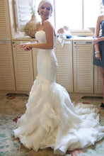 Load image into Gallery viewer, Mermaid Sweetheart Court Train Organza White Strapless Open Back Wedding Dresses