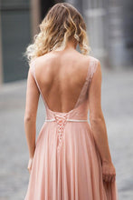 Load image into Gallery viewer, Blush Pink Lace Chiffon Sleeveless Illusion Backless Elegant A-Line Long Prom Dresses RS280