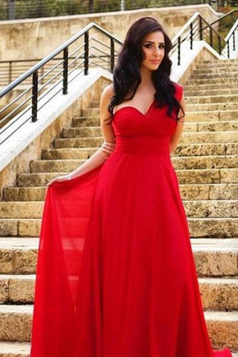 Long Elegant Chiffon A-Line One Shoulder Simple Red Sweetheart Backless Pleat Prom Dresses RS315