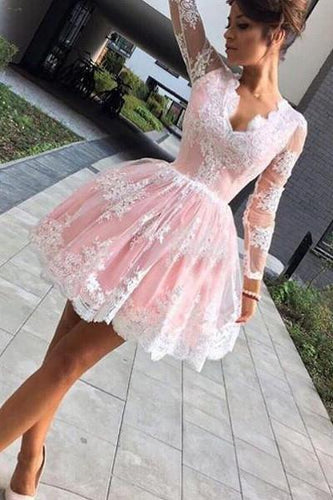 Cute A-line Long Sleeves Pink Short Lace Appliques V-Neck Homecoming Dress RS45