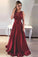 Simple A-Line Round Neck V-Back Maroon Satin Sleeveless Prom Dresses with Lace RS394