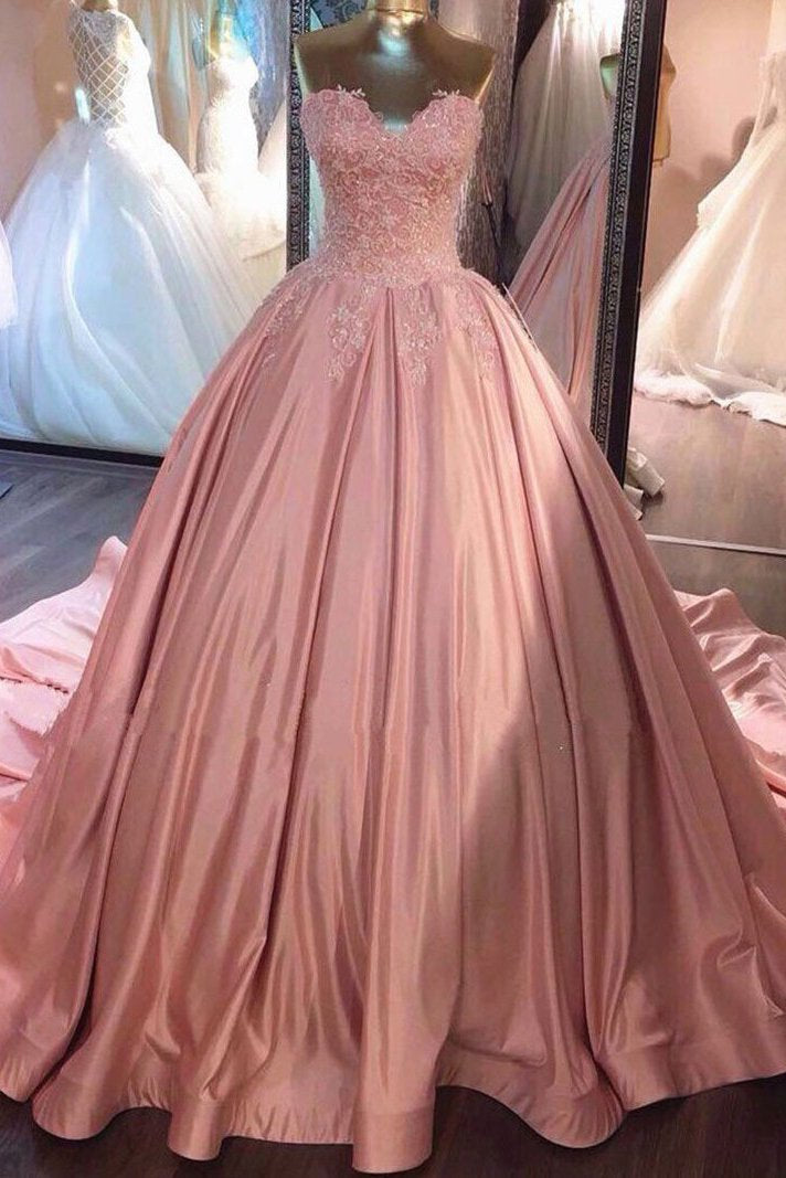 Ball Gown Pink Strapless Appliques Sweetheart Sweep Train Satin Evening Dresses RS775