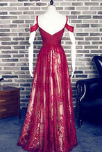 Load image into Gallery viewer, Red A-Line Sweetheart Burgundy Lace Long Off Shoulder Open Back Prom Dresses RS518
