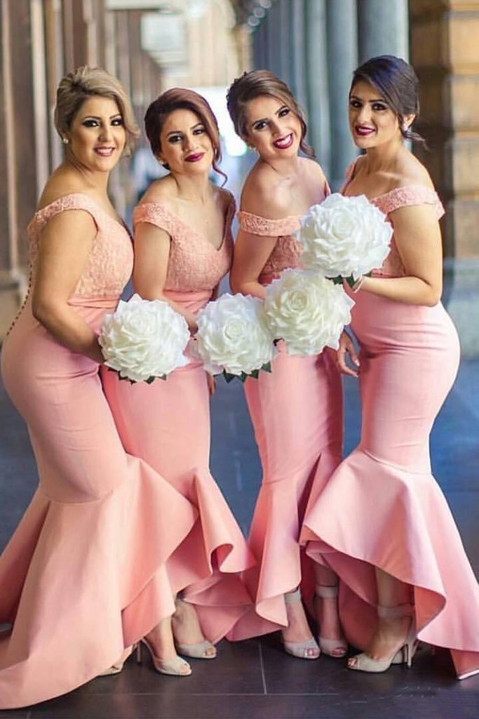 Baby Pink Mermaid Off the Shoulder Hi-Low with Ruffles Sweetheart Lace Top Bridesmaid Dress RS468