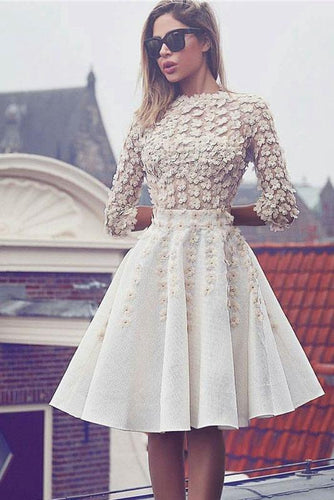 Glamorous Lace Short Flowers A-Line 3/4 Sleeves Hoco Knee-Length Homecoming Dresses RS301