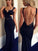 Mermaid V-Neck Floor-Length Backless Spandex Sleeveless Navy Blue Prom Dresses RS614