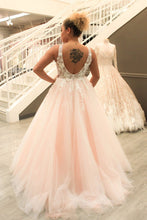 Load image into Gallery viewer, Princess V Neck Pink Long Tulle Lace Appliques Open Back Party Dress Prom Dresses RS66