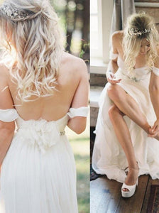 2024 Elegant Off-shoulder Beading Sash Backless White Long Chiffon Wedding Dresses RS174