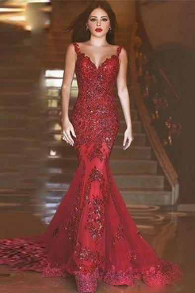 Sexy Burgundy Mermaid V-Neck Sleeveless Floor-Length Appliques Prom Dresses RS283