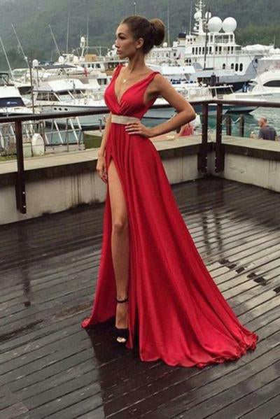 A-Line Red Simple With Slip Side Satin Chiffon Charming Deep V-Neck Sleeveless Prom Dresses RS250