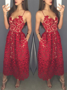 Mid-calf Red Lace Spaghetti Straps with Pockets Sweetheart Homecoming Dresses RS642