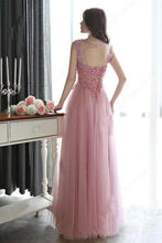 Load image into Gallery viewer, Modest Scoop Neck Tulle Pearl Detailing Lace-up Floor-length Sleeveless Prom Dresses RS632