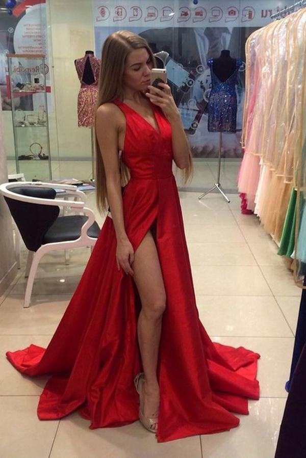 A Line Red Sleeveless V Neck with Side Split Floor Length Open Back Satin Prom Dresses RS52