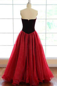 Strapless A-line Long V-Neck Tulle Burgundy Sleeveless Floor-Length Prom Dresses RS269