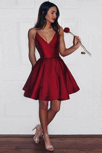 A-Line Spaghetti Straps Short V-Neck Dark Red Satin Homecoming Dress with Pockets RS593
