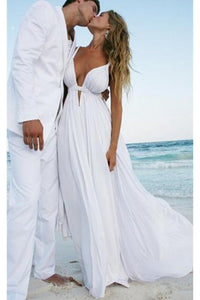 Sexy Deep V Neck White Chiffon Beach Elegant A-Line Bridal Floor-Length Wedding Dresses RS226