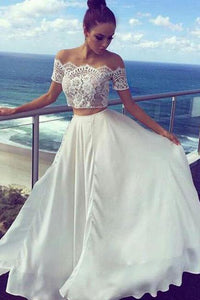 Two Pieces Off-the-Shoulder Ivory Short Sleeve A-Line Long Cheap Prom Dresses RS526