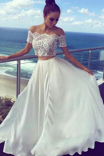 Two Pieces Off-the-Shoulder Ivory Short Sleeve A-Line Long Cheap Prom Dresses RS526