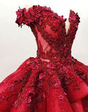 Load image into Gallery viewer, 2024 Chic Ball Gown V Neck Beads Appliques Red Off-the-Shoulder Long Prom Dresses RS139