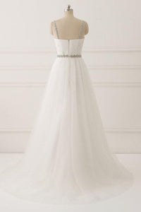 A Line White Spaghetti Straps Tulle Beads Appliques Sweetheart Zipper Prom Dresses RS597