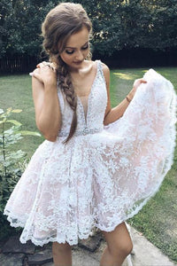 A Line Deep V-Neck Ivory Lace Beads Pink Satin Sleeveless Homecoming Dresses RS679