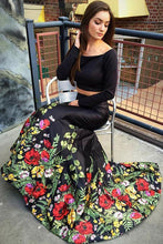 Load image into Gallery viewer, A Line Off the Shoulder Two Piece Long Sleeve Satin Floral Scoop Long Prom Dresses RS188