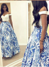 Load image into Gallery viewer, A Line Two Pieces Floral Off the Shoulder V Neck White Long Floor Length Prom Dresses RS771
