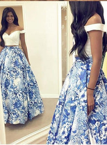 A Line Two Pieces Floral Off the Shoulder V Neck White Long Floor Length Prom Dresses RS771
