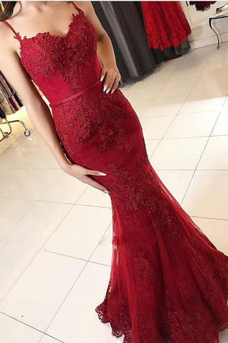 Cheap Red Spaghetti Straps Sweetheart Mermaid With Lace Appliques Prom Dresses RS121