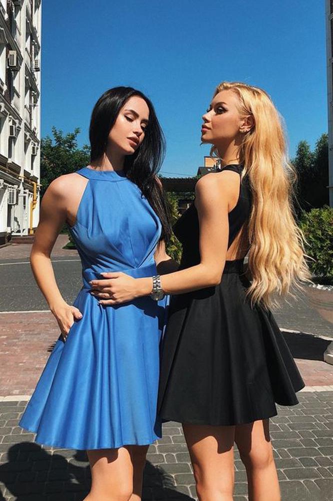 Simple A Line Halter Open Back Satin Blue Short Homecoming Dresses with Pockets RS945