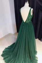 Load image into Gallery viewer, Chic A-Line V Neck Backless Dark Green Tulle Prom Dress with Sequins Evening Dresses RS696