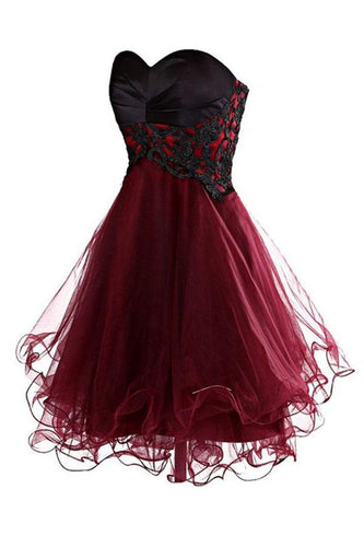 Lovely Cute Appliques Burgundy Sweetheart Organza Lace up Short Homecoming Dress RS689
