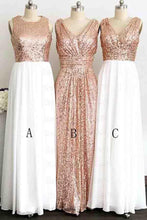Load image into Gallery viewer, A Line Gliiter Rose Gold Sequins White Chiffon Long Bridesmaid Dresses Prom Dress RS583