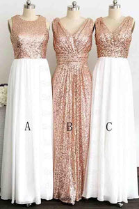 A Line Gliiter Rose Gold Sequins White Chiffon Long Bridesmaid Dresses Prom Dress RS583