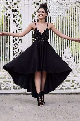 A Line Black V neck Short High Low Spaghetti Straps Prom Dresses Homecoming Dress RS692