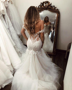 Off the Shoulder Mermaid Tulle Wedding Dresses Lace Appliques Bridal Gown JS448
