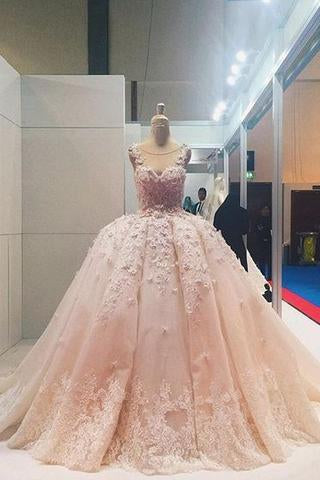 Pink Lace Applique Beads Ball Gown Quinceanera Dress Wedding Dress RS620