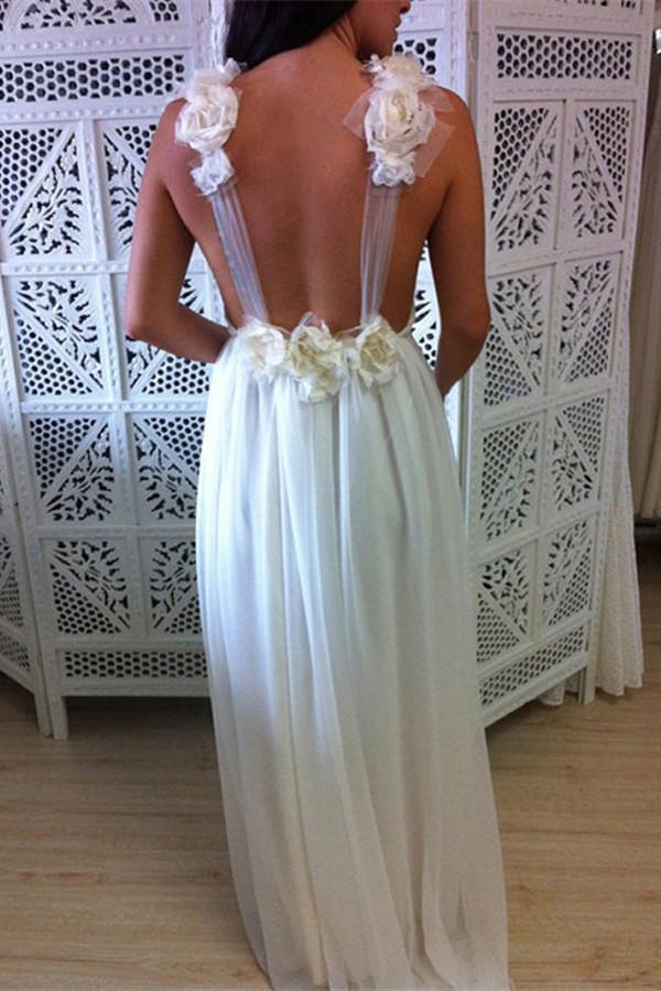 A-Line V-Neck Floor Length Backless Chiffon Tulle Wedding Dress with Handmade Flower RS640