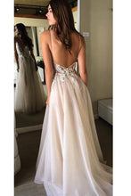 Load image into Gallery viewer, A-Line V-Neck Spaghetti Straps Backless Beads Appliques Organza Sleeveless Prom Dresses RS317