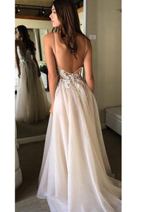 A-Line V-Neck Spaghetti Straps Backless Beads Appliques Organza Sleeveless Prom Dresses RS317
