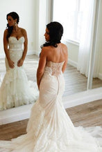 Load image into Gallery viewer, Sweetheart Mermaid Tiered Lace Wedding Dress Ruched Sweep Train Bridal Dresses RS386