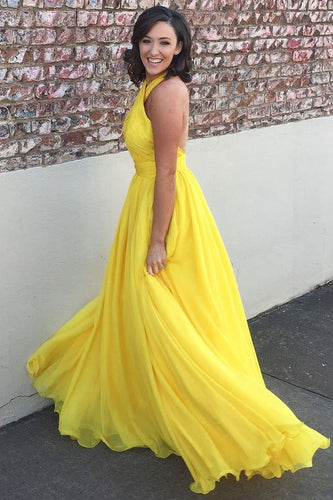Princess Chiffon A-line Halter Long Yellow Backless Sleeveless Prom Dresses RS423