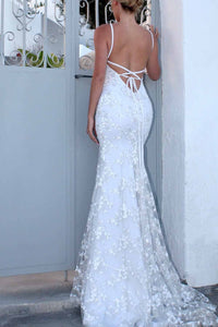 Sexy Backless Off White Mermaid Lace V Neck Wedding Dresses Long Prom Dresses RS354